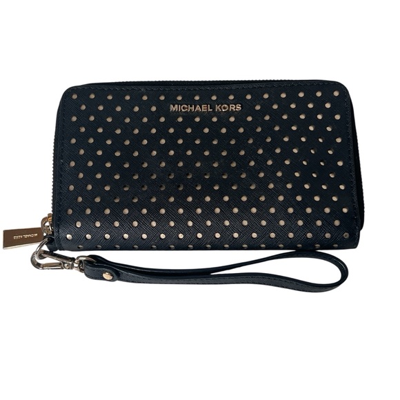 Michael Kors Black and Gold Perforated Wristlet Wallet Clutch Full Zip Around - Picture 1 of 12